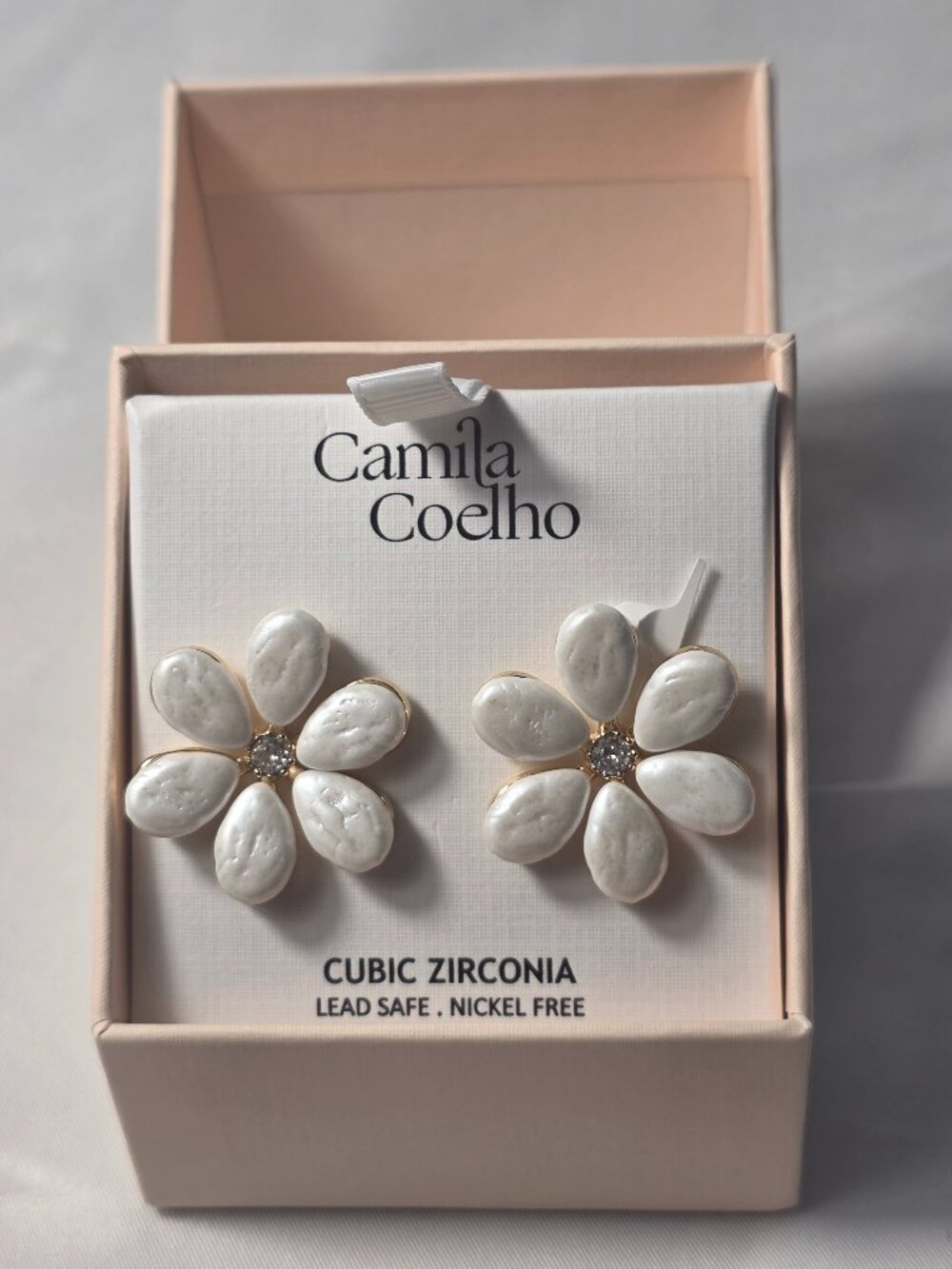 Camila Coelho White Petal Flower Stud Earrings Gold Trim Cubic Zirconia Stone